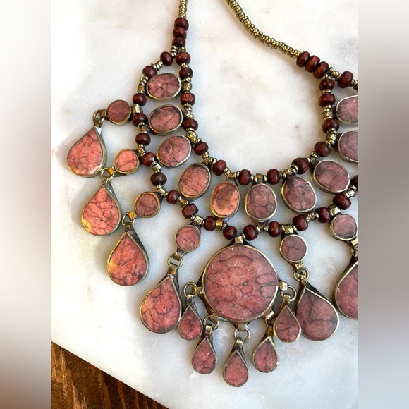 Pink Afghan Kuchi Necklace/ Handmade Pink Colored Stone Beaded Necklace/Boho - Picture 2 of 14